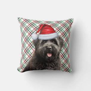 Bouvier Dog Red Green Plaid Christmas Holiday Cushion