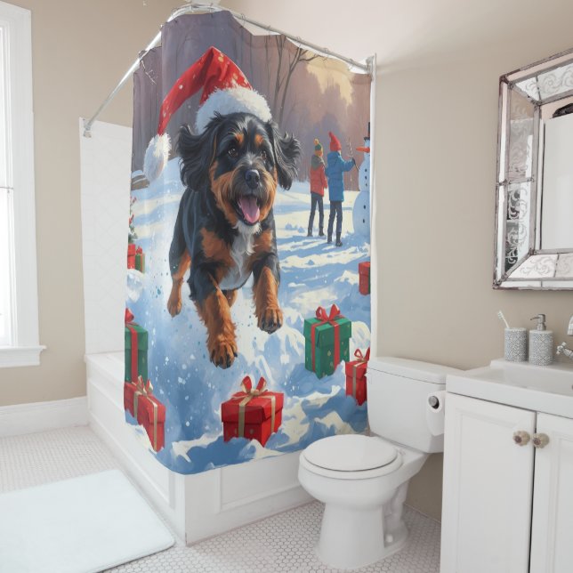 Bouviers des Flandres Christmas Festive Snow Scene Shower Curtain (In Situ)
