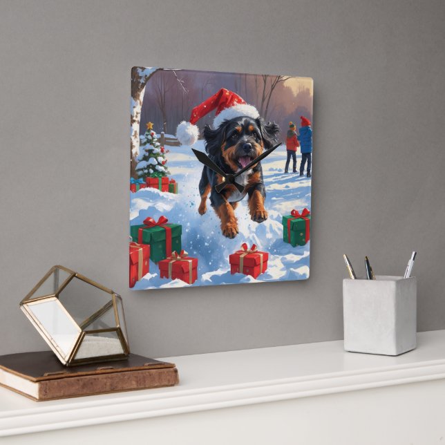 Bouviers des Flandres Christmas Festive Snow Scene Square Wall Clock (Office)