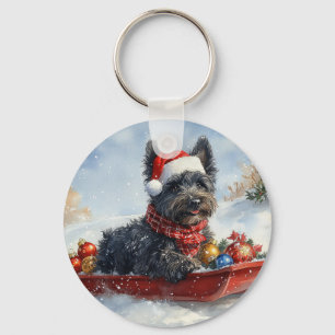 Bouviers Des Flandres Dog in Sledge Christmas Key Ring