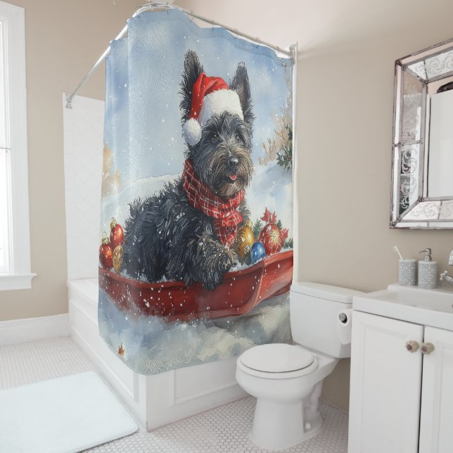 Bouviers Des Flandres Dog in Sledge Christmas Shower Curtain (In Situ)