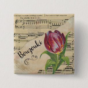 Bouzouki Elegant Tulip Vintage Sheet Music 15 Cm Square Badge
