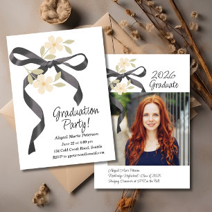 Bow and Flowers and Graduation Party Photo Invitation