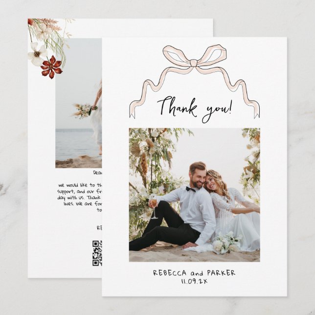 Bow and flowers Wedding Thank you photo Qr scan  Card (Front/Back)