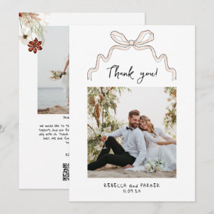 Bow and flowers Wedding Thank you photo Qr scan  Card
