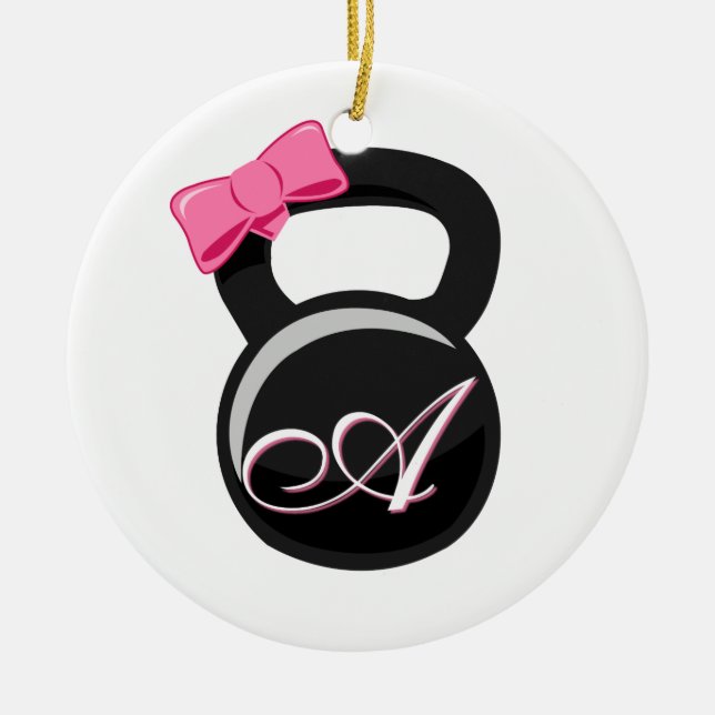 Bow and Monogram Kettlebell Pink "A" Ceramic Tree Decoration (Front)