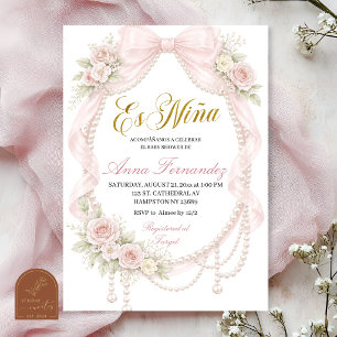 Bow and Pearl Spanish Es Nina Baby Shower Invitation