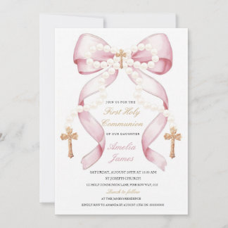 Bow and Pearls Holy Communion Invitation | Elegant