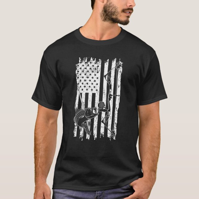 Bow, Arrow And Fish American Flag Bowfishing T-Shirt (Front)