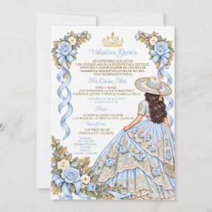 Bow Baby Blue Charra Girl Quinceañera Floral Gold Invitation