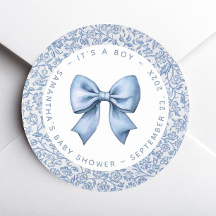 Bow Baby Boy Shower Blue and White Floral Pattern Classic Round Sticker