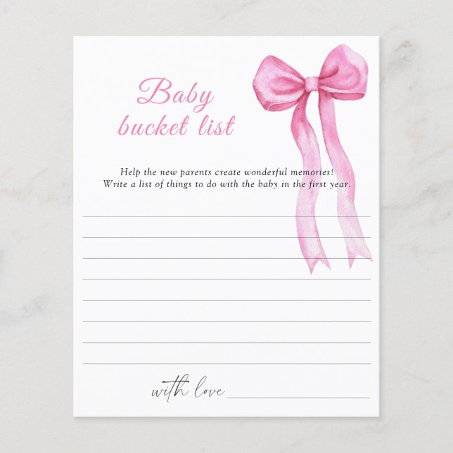 Bow baby shower - Baby bucket list game (Front)