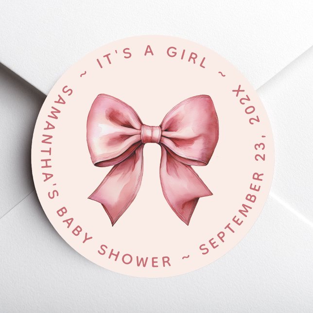 Bow Baby Shower Blush Pink & Red It's a Girl Classic Round Sticker (Creator Uploaded)