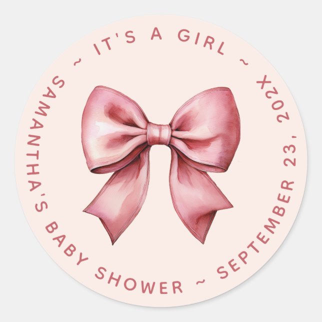 Bow Baby Shower Blush Pink & Red It's a Girl Classic Round Sticker (Front)