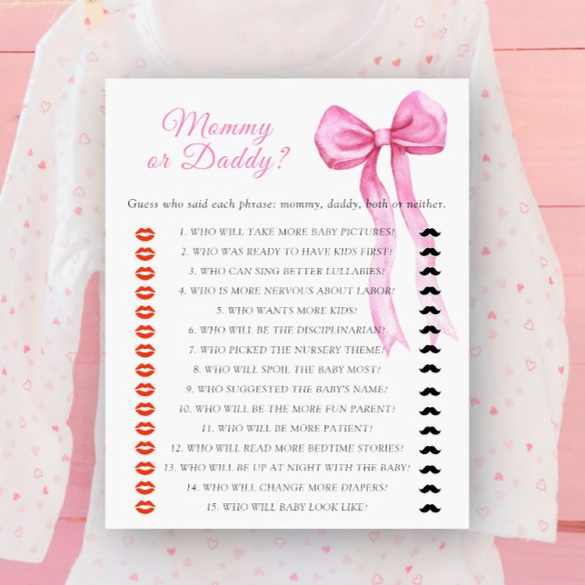 Bow baby shower Mummy or daddy baby shower game (Creator Uploaded)