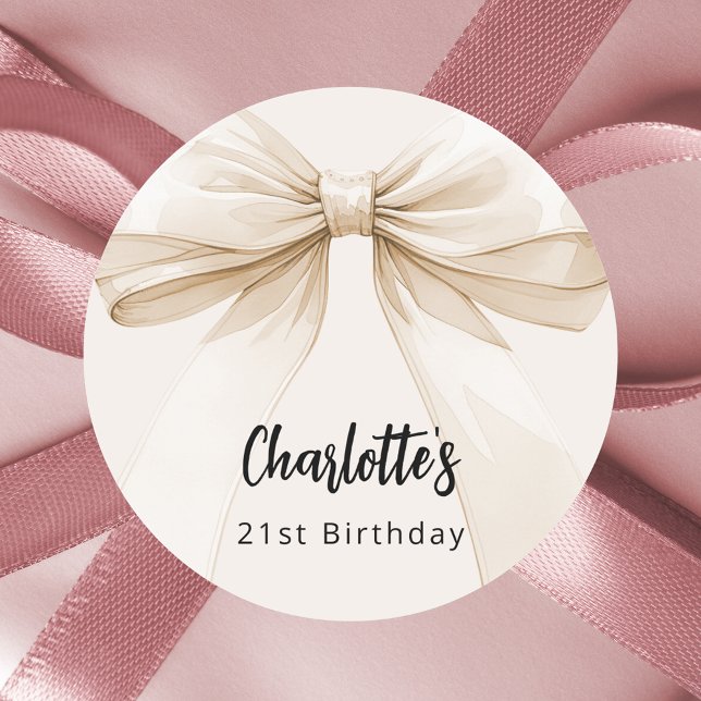 Bow beige cream birthday classic round sticker (Creator Uploaded)