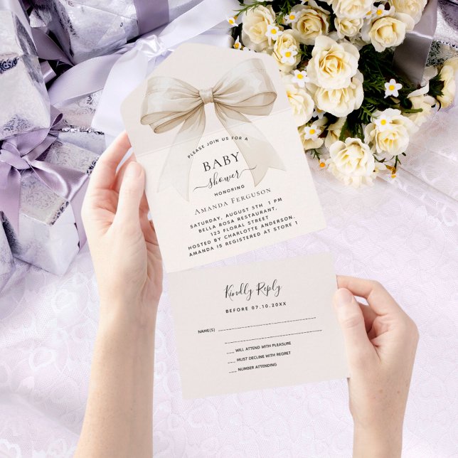 Bow beige cream gender neutral BABY Shower rsvp All In One Invitation (Creator Uploaded)