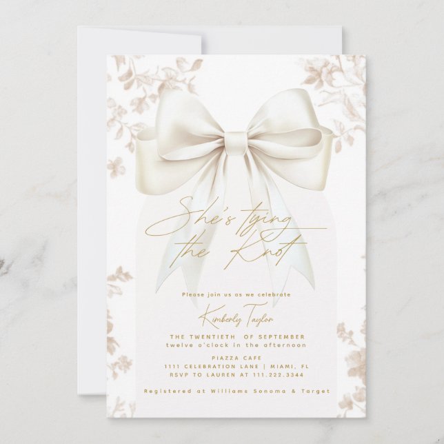 Bow Beige Toile She's Tying The Knot Bridal Shower Invitation (Front)