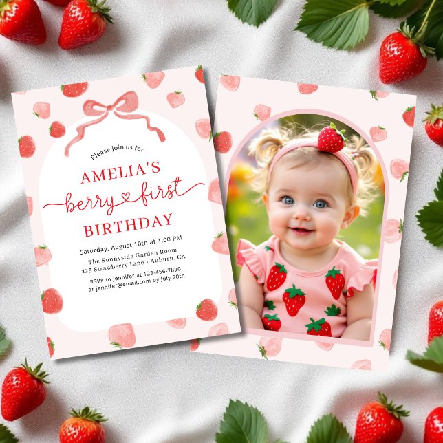Bow Berry 1st First Birthday Photo Red Girl's Invitation (Creator Uploaded)
