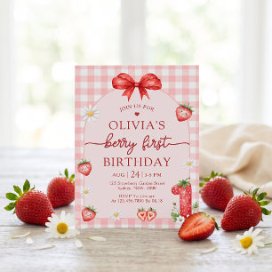 Bow Berry First Girl 1st Birthday Invitation