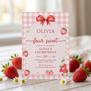 Bow Berry Four Sweet Girl 4th Birthday Invitation