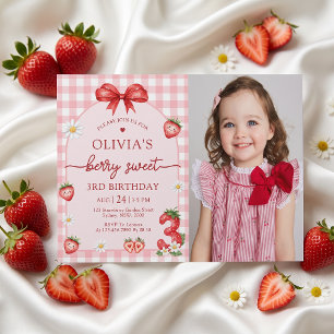 Bow Berry Sweet Girl 3rd Birthday Invitation Photo