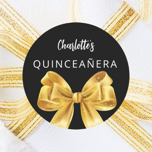 Bow black gold Quinceanera Classic Round Sticker