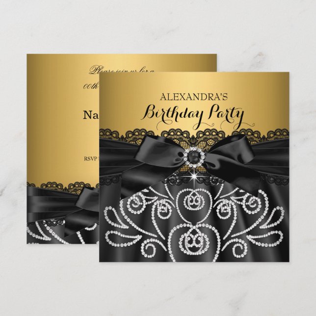 Bow Black Lace Gold faux Diamond Birthday Party Invitation (Front/Back)