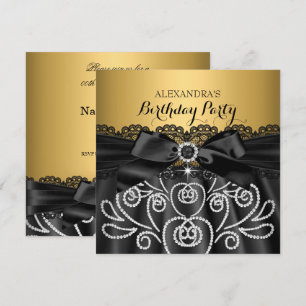 Bow Black Lace Gold faux Diamond Birthday Party Invitation
