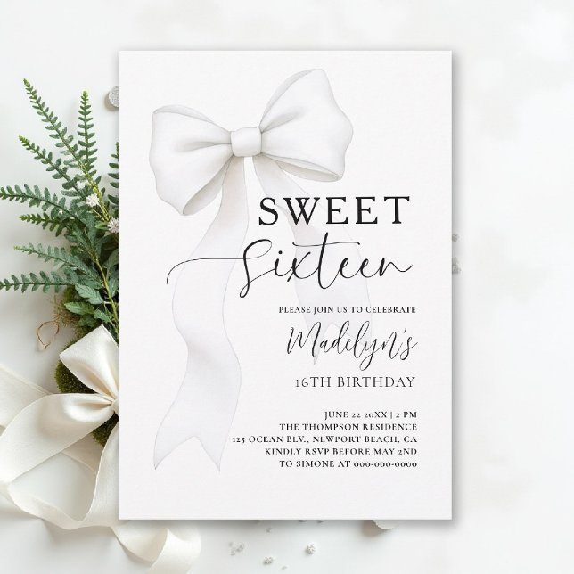Bow Black White Modern Simple Elegant Sweet 16 Invitation (sweet sixteen birthday party invitation bow fashion simple classy black and white script)