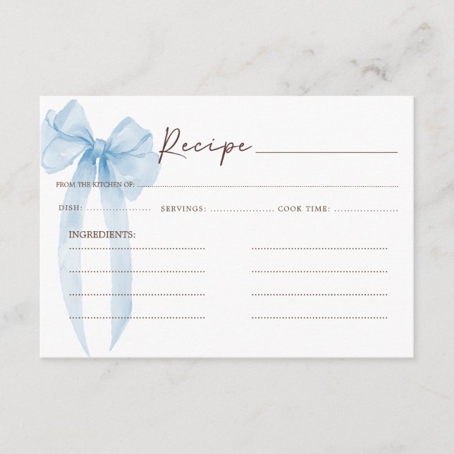 Bow Blue Bridal Shower Recipe Enclosure Card (Front)