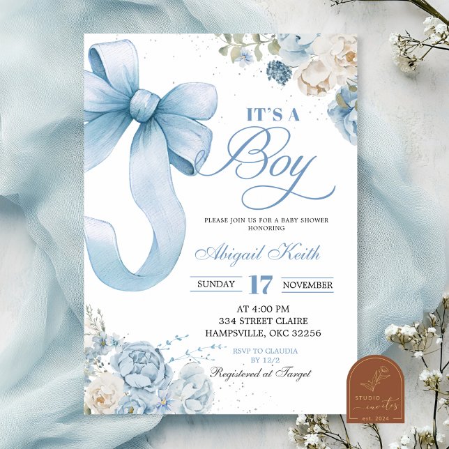 Bow Blue Coquette Boy Baby Shower Invitation (Creator Uploaded)