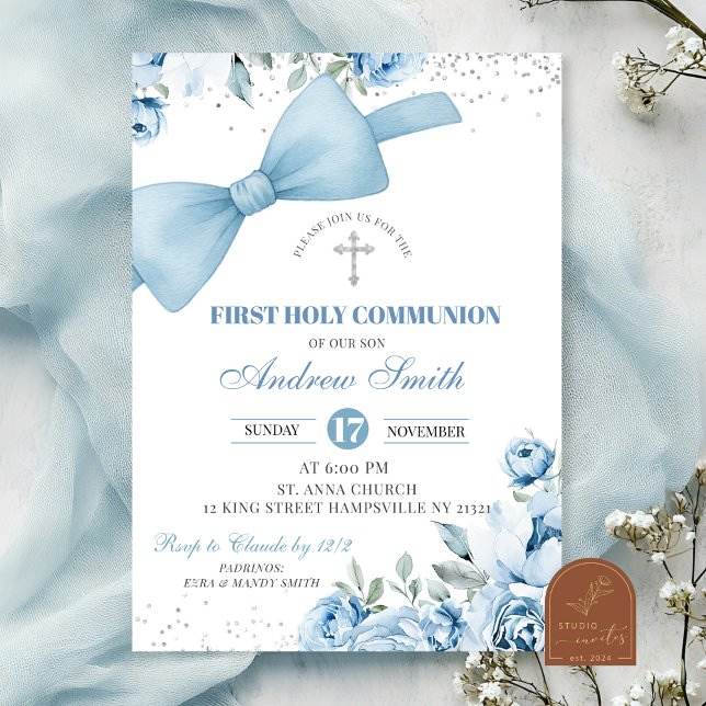 Bow Blue Coquette First Holy Communion Invitation (Creator Uploaded)