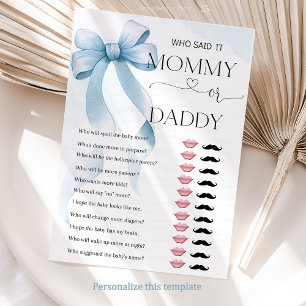 Bow Blue Mommy or Daddy Baby Shower Game Card