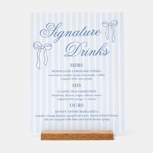 Bow Blue Wedding Signature Drinks Cocktails  Acrylic Sign (Front)