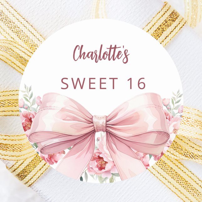 Bow blush pink florals Sweet 16 Classic Round Sticker (Creator Uploaded)