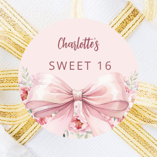 Bow blush pink flowers roses Sweet 16 Classic Round Sticker
