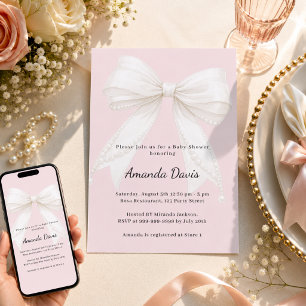 Bow blush pink ivory girl Baby Shower Invitation