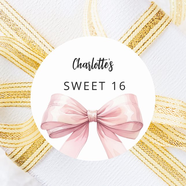 Bow blush pink white Sweet 16 Classic Round Sticker (Creator Uploaded)
