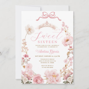 Bow Blush Rose Princess Sweet Sixteen Birthday Invitation
