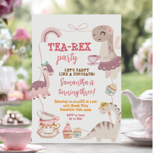 Bow Border Dinosaur Tea-Rex 3rd Girl Birthday  Invitation
