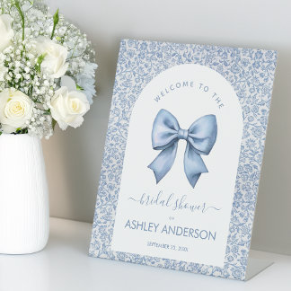 Bow Bridal Shower Welcome Blue White Pattern Arch Pedestal Sign
