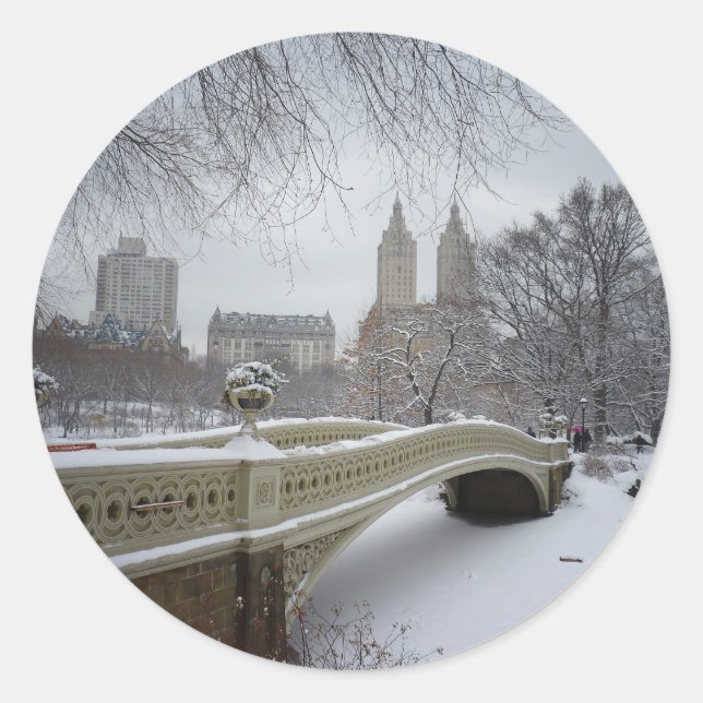 Bow Bridge in Winter, Central Park, New York City Classic Round Sticker (Front)