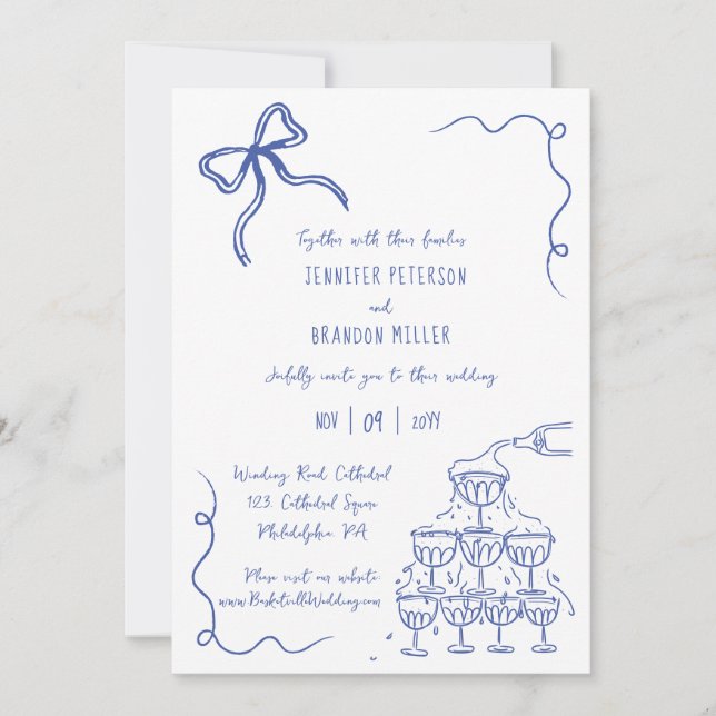 Bow champagne tower quirky wedding blue invitation (Front)
