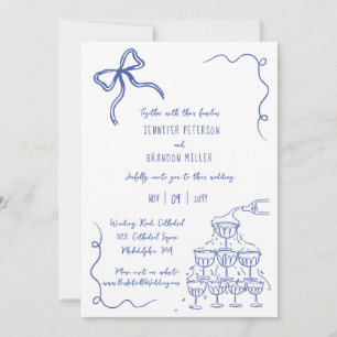 Bow champagne tower quirky wedding blue invitation