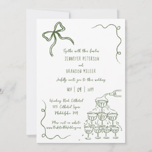Bow champagne tower quirky wedding green invitation