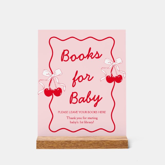 Bow Cherry Baby Shower Books for Baby Acrylic Sign (Front)