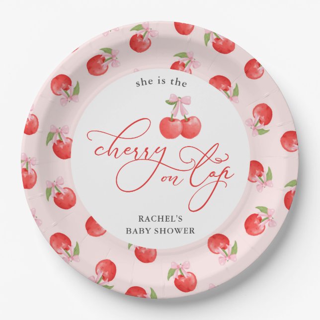 Bow Cherry on Top Baby Girl Shower Paper Plate (Front)