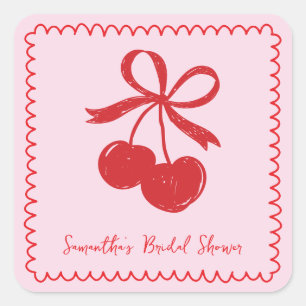 Bow Cherry Pink & Red Hand Drawn Bridal Shower Square Sticker