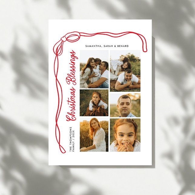 Bow Christmas Blessings Script Family 6 Photos Holiday Card (Creator Uploaded)